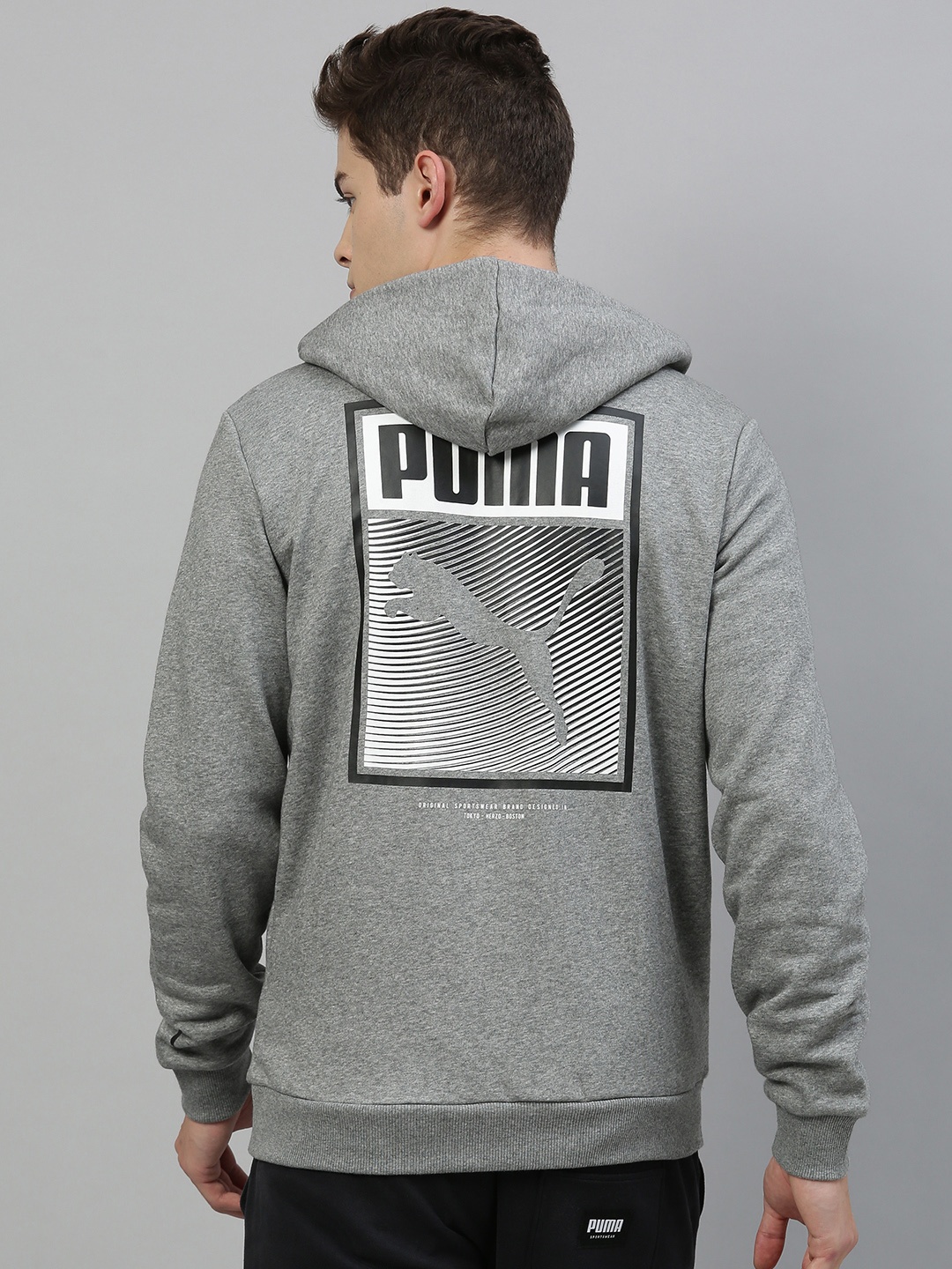 

Puma Men Grey Back Printed Knitted 8 Hooded Sweatshirt