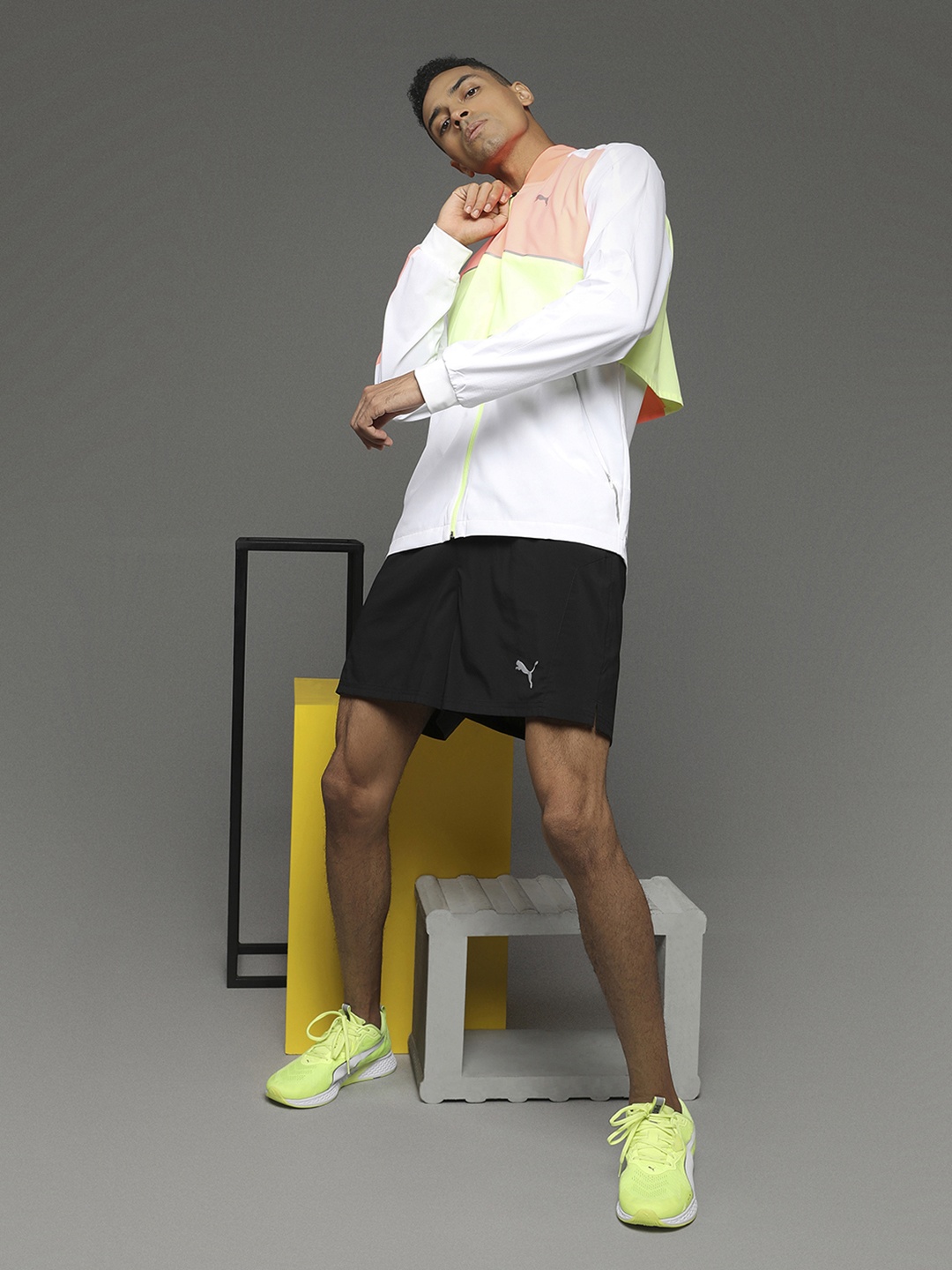

Puma Men White & Yellow Colourblocked Ultra Woven dryCELL Reflective Tec Running Jacket