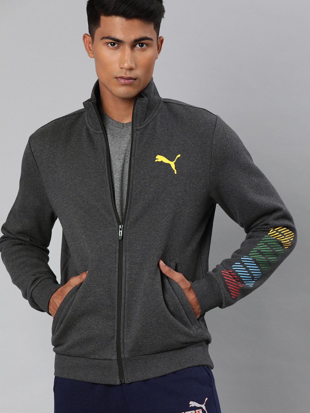

Puma Men Grey Printed Knitted Sporty Jacket
