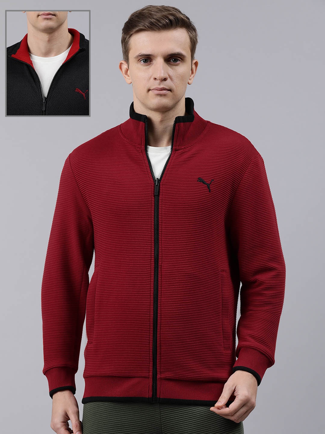 

Puma Men Black & Maroon Solid Reversible Sporty Track Jacket