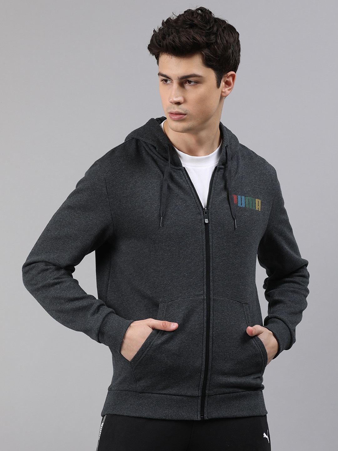 

Puma Men Charcoal Grey Solid Hooded Knitted Sweatshirt