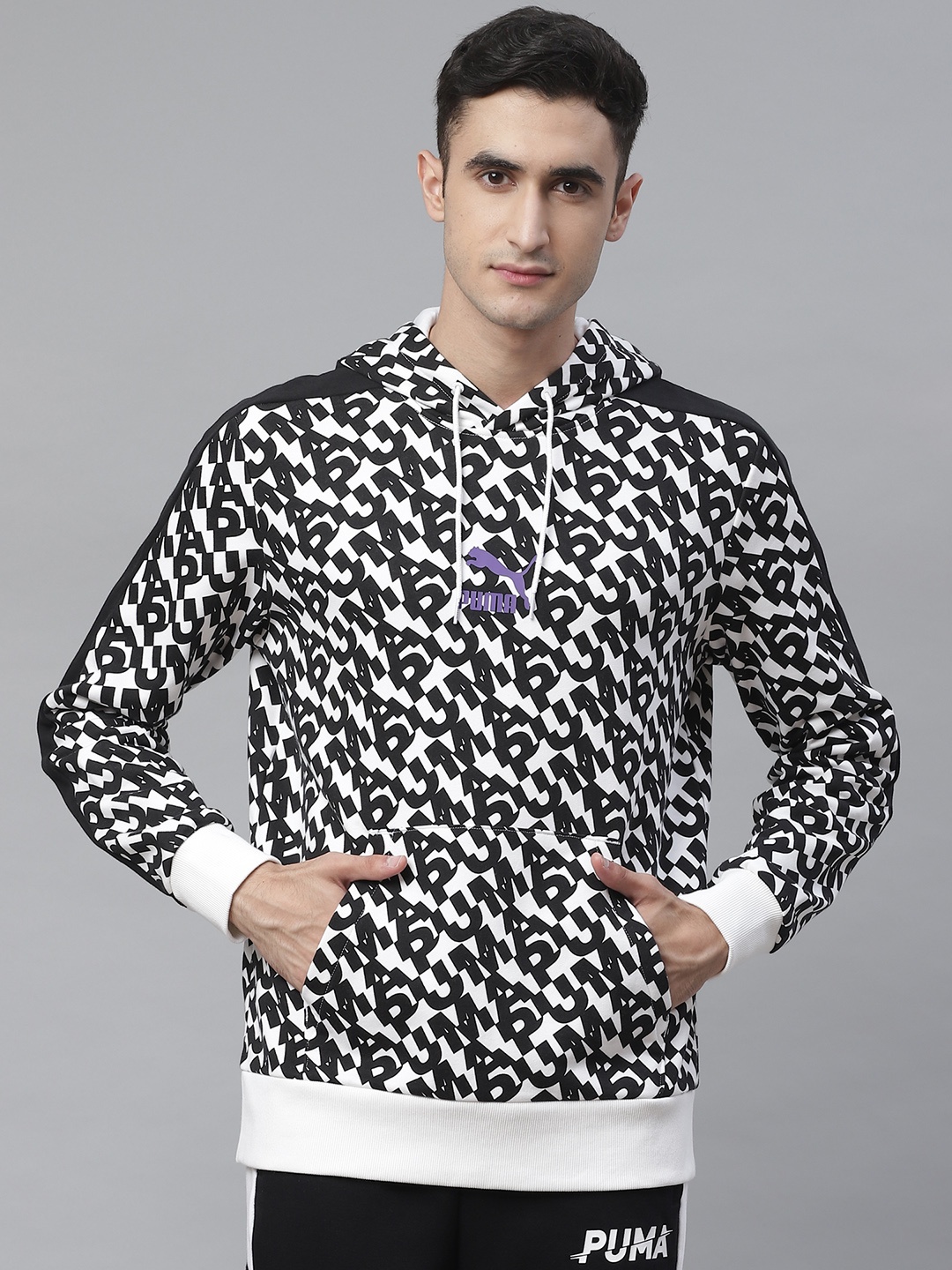 

Puma Men Black & White Classics Graphic AOP Brand Logo Printed Hoodie Sweatshirt