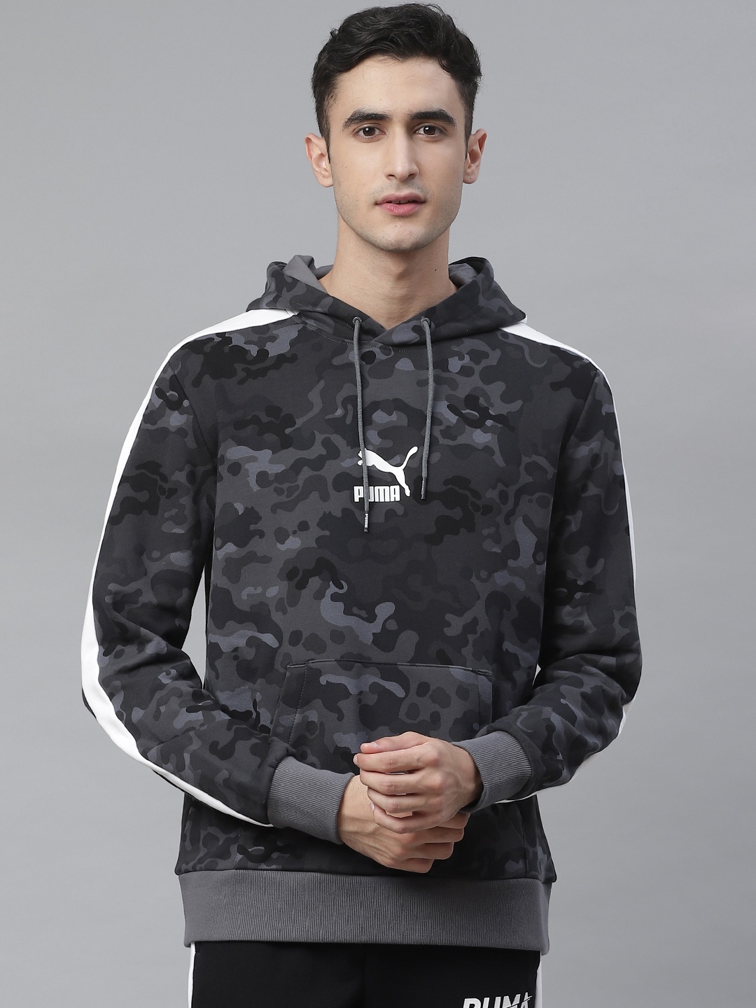 

Puma Men Grey & Black Classics Graphic AOP Brand Logo Printed Hoodie Sweatshirt