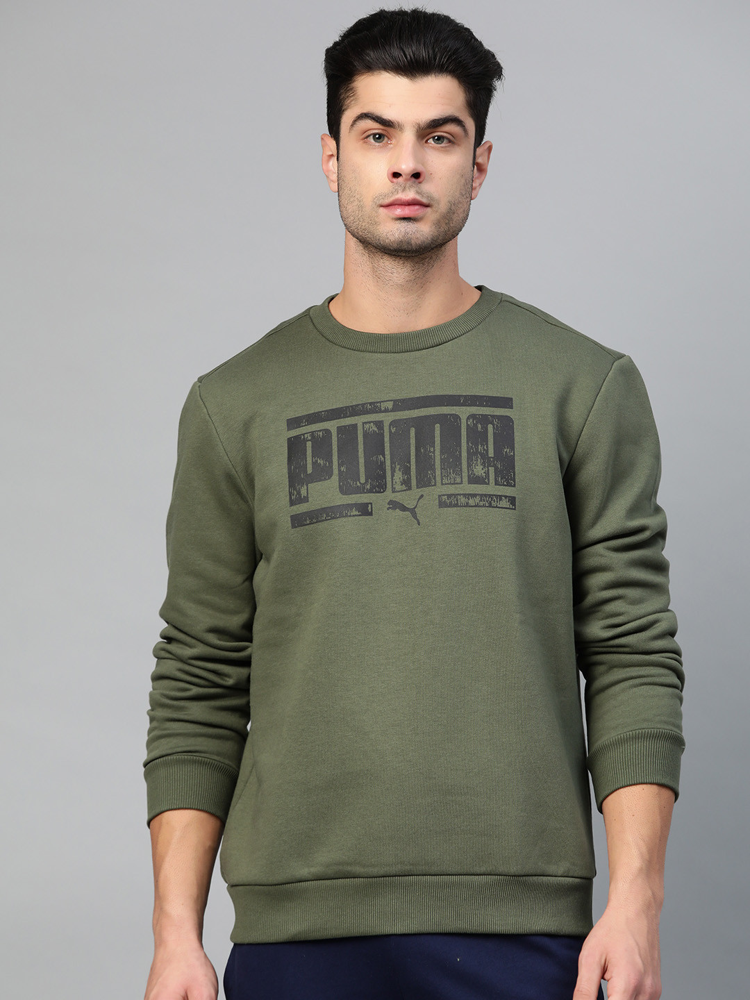 

Puma Men Olive Green & Black Graphic Print Crew Neck Sweatshirt