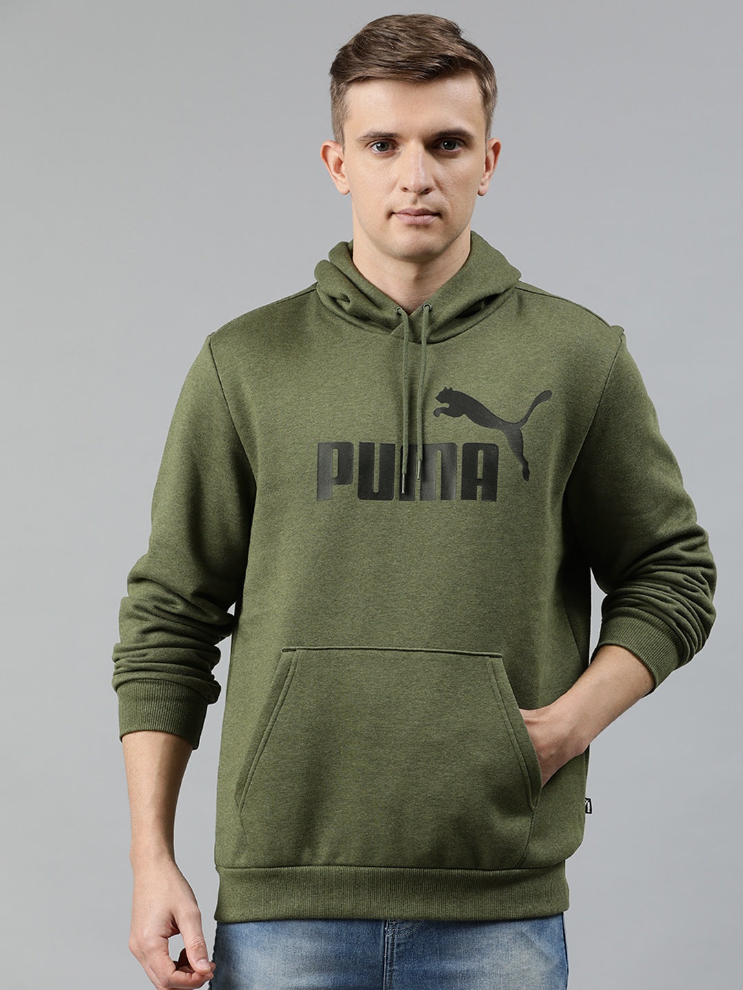 

Puma Men Olive Green Printed Hooded Sweatshirt