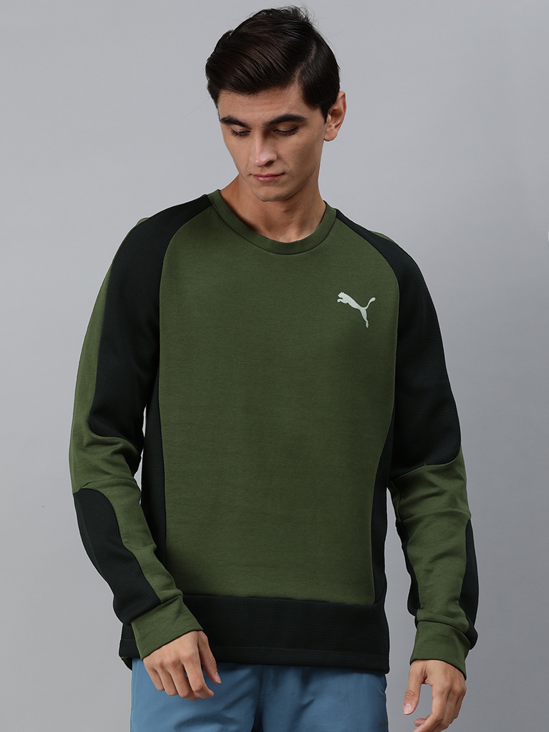 

Puma Men Olive Green Colourblocked Evostripe Crew Sweatshirt