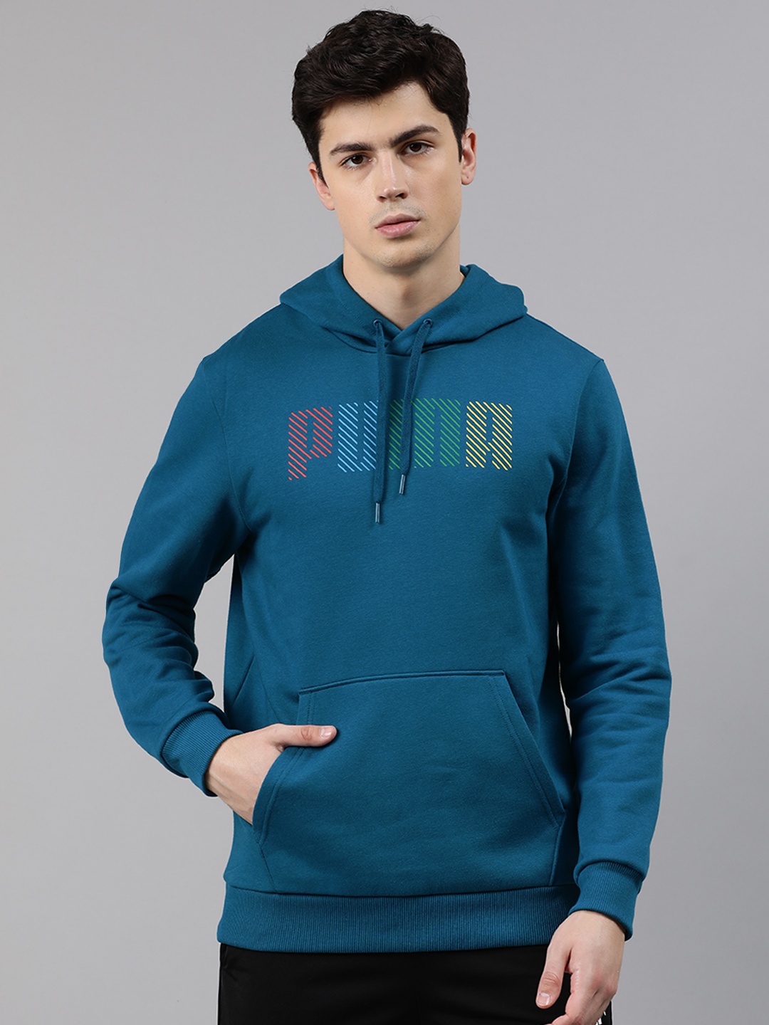 

Puma Men Teal Blue Brand Logo Printed Graphic Hooded Pullover Sweatshirt