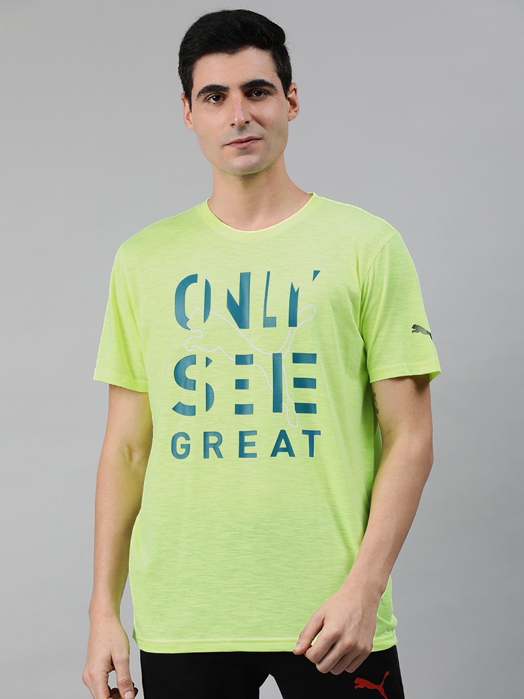 

Puma Men Lime Green Printed Performance Slogan SS T-shirt