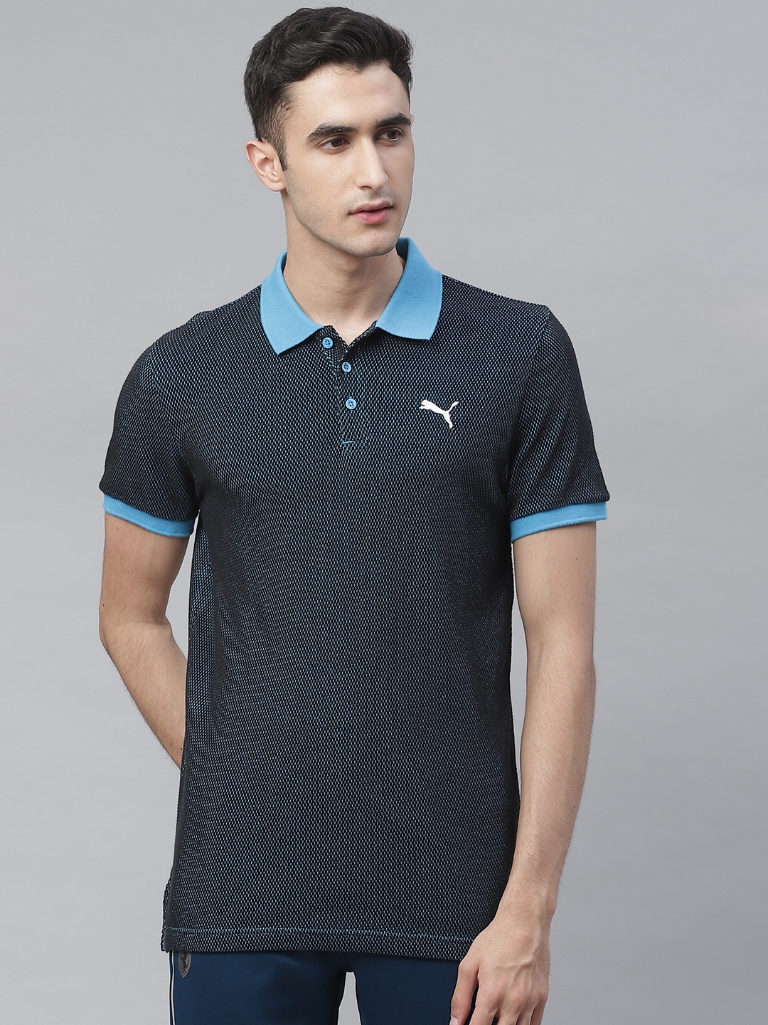 

Puma Men Black Blue Jacquard Polo collar Pure Cotton T-shirt