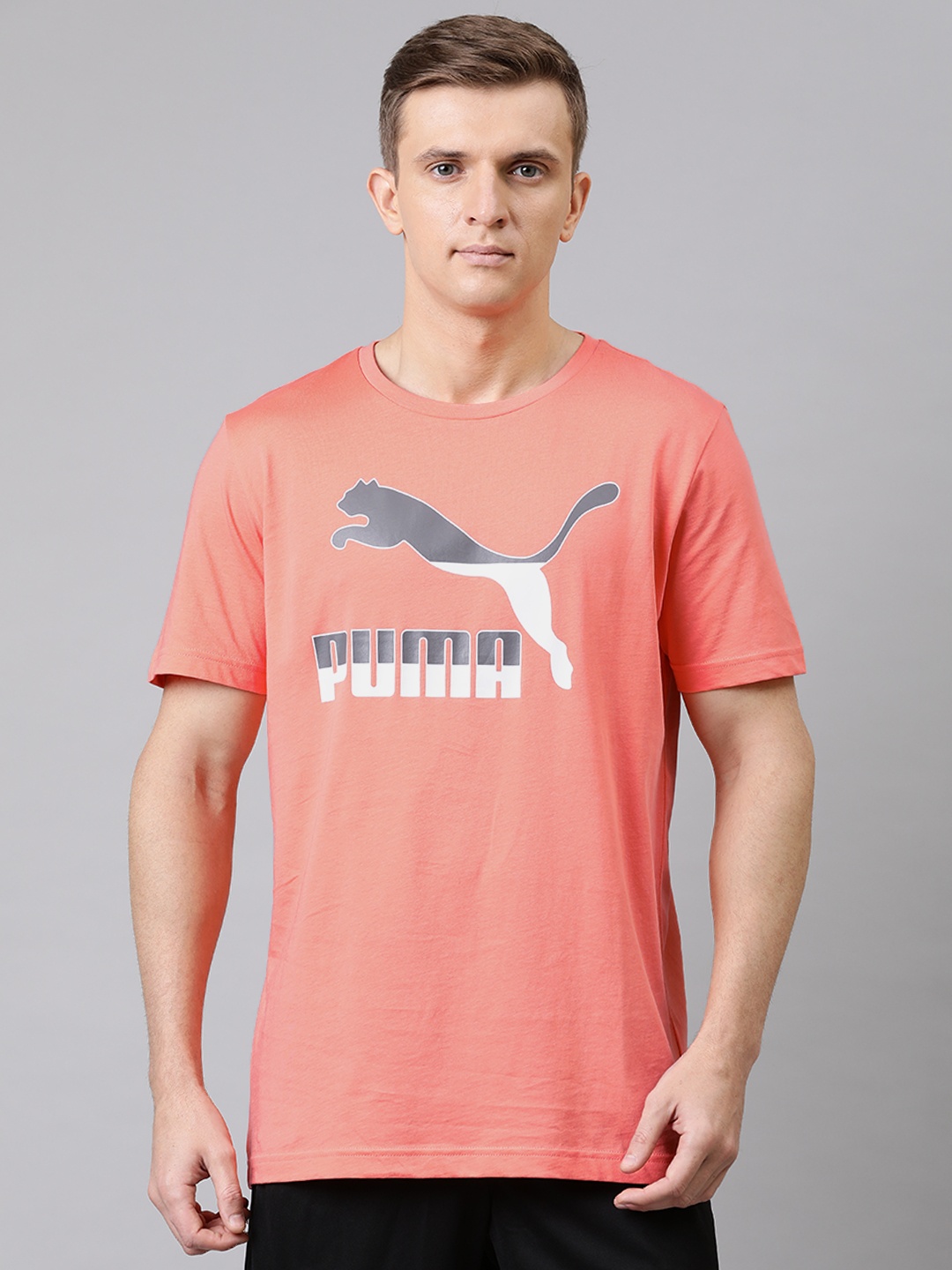 

Puma Men Orange Printed Classics Logo Round Neck T-shirt