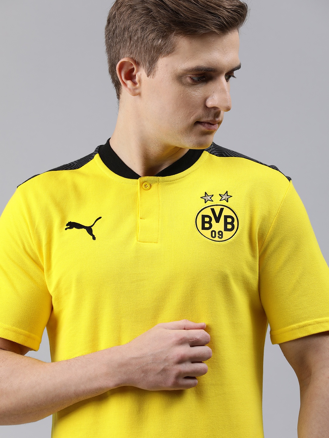 

Puma Men Yellow Printed Polo Collar BVB Football Pure Cotton Football T-shirt
