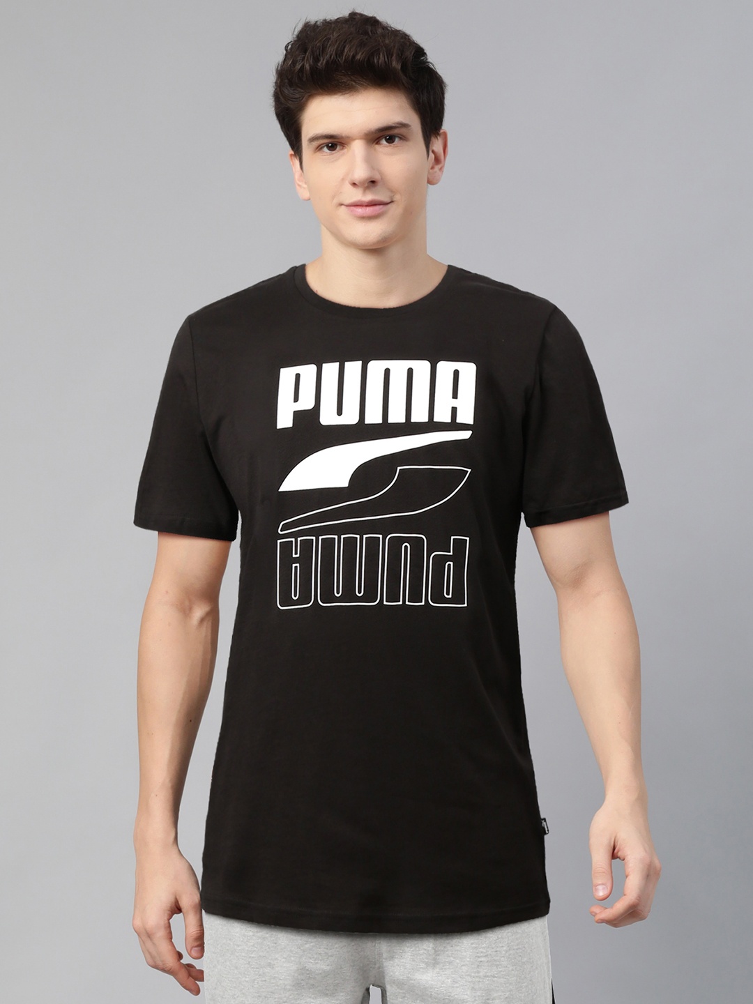 

Puma Men Black White Brand Logo Print Rebel Pure Cotton T-shirt