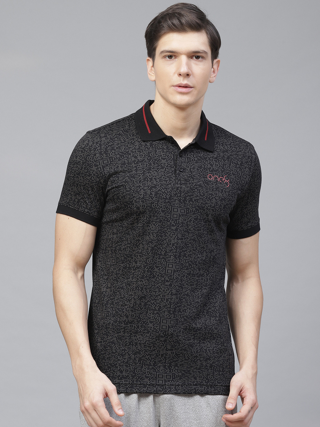 one8 x PUMA Men Black Grey Slim Fit Virat Kohli AOP Polo Pure Cotton T-shirt