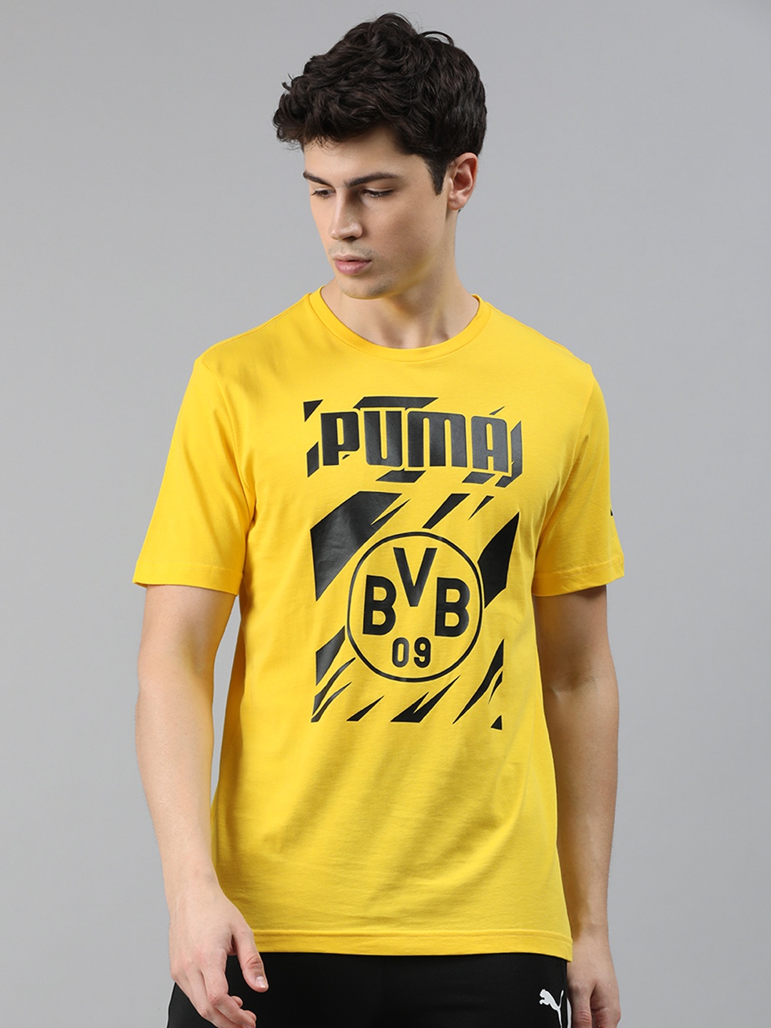 

Puma Men Yellow Printed Round Neck BVB Football Core Graphic Pure Cotton Football T-shirt
