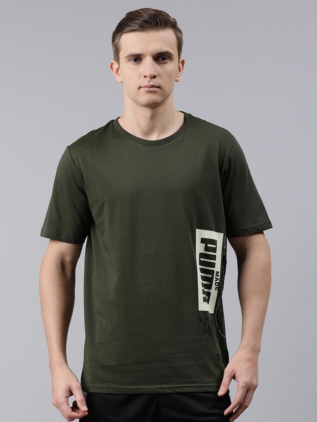 

Puma Men Olive Green Placement Printed Round Neck Pure Cotton T-shirt