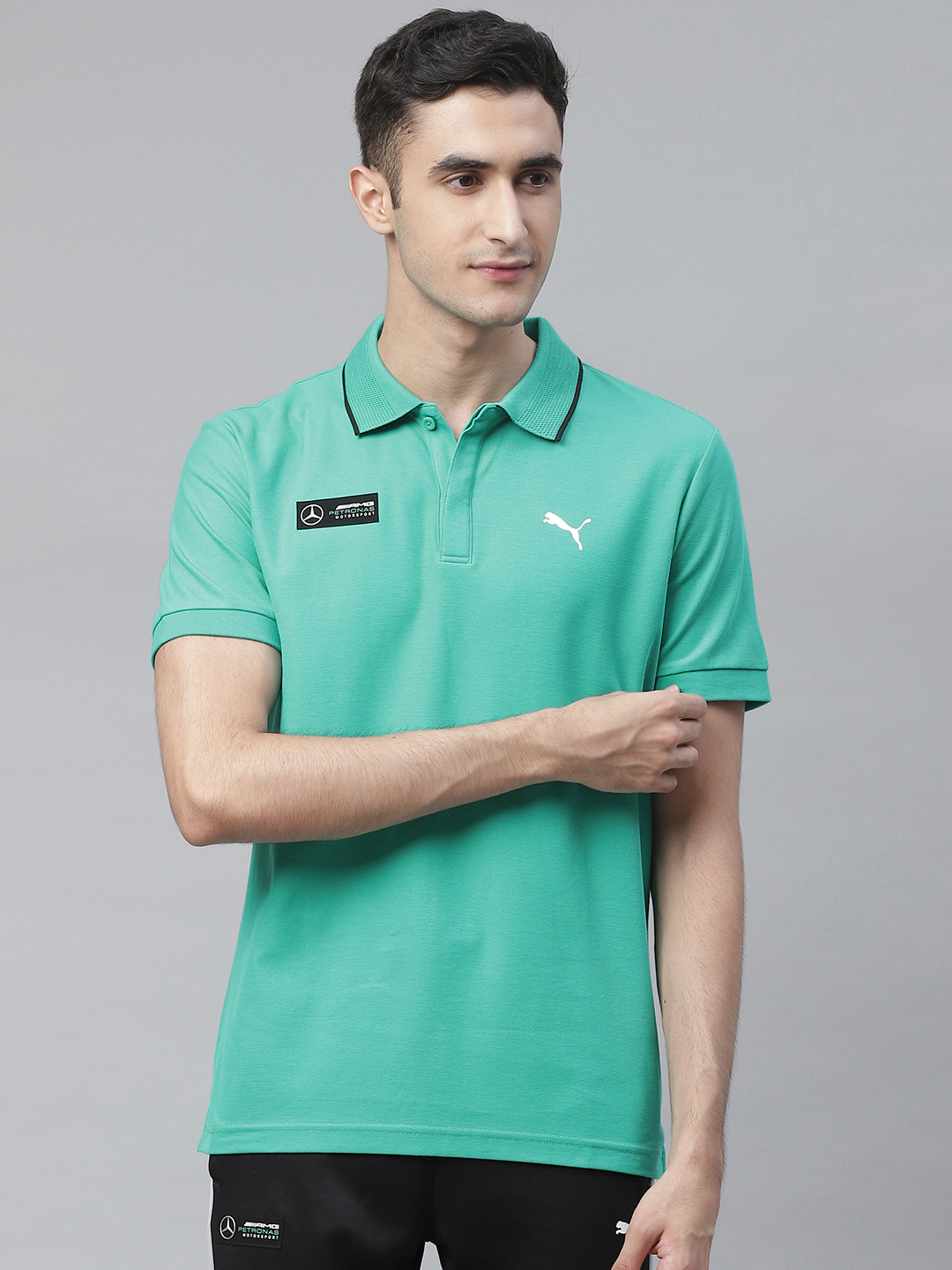 

PUMA Motorsport Men Green Mercedes-AMG Petronas Motorsport Polo Collar Solid Pure Cotton MSP T-shirt