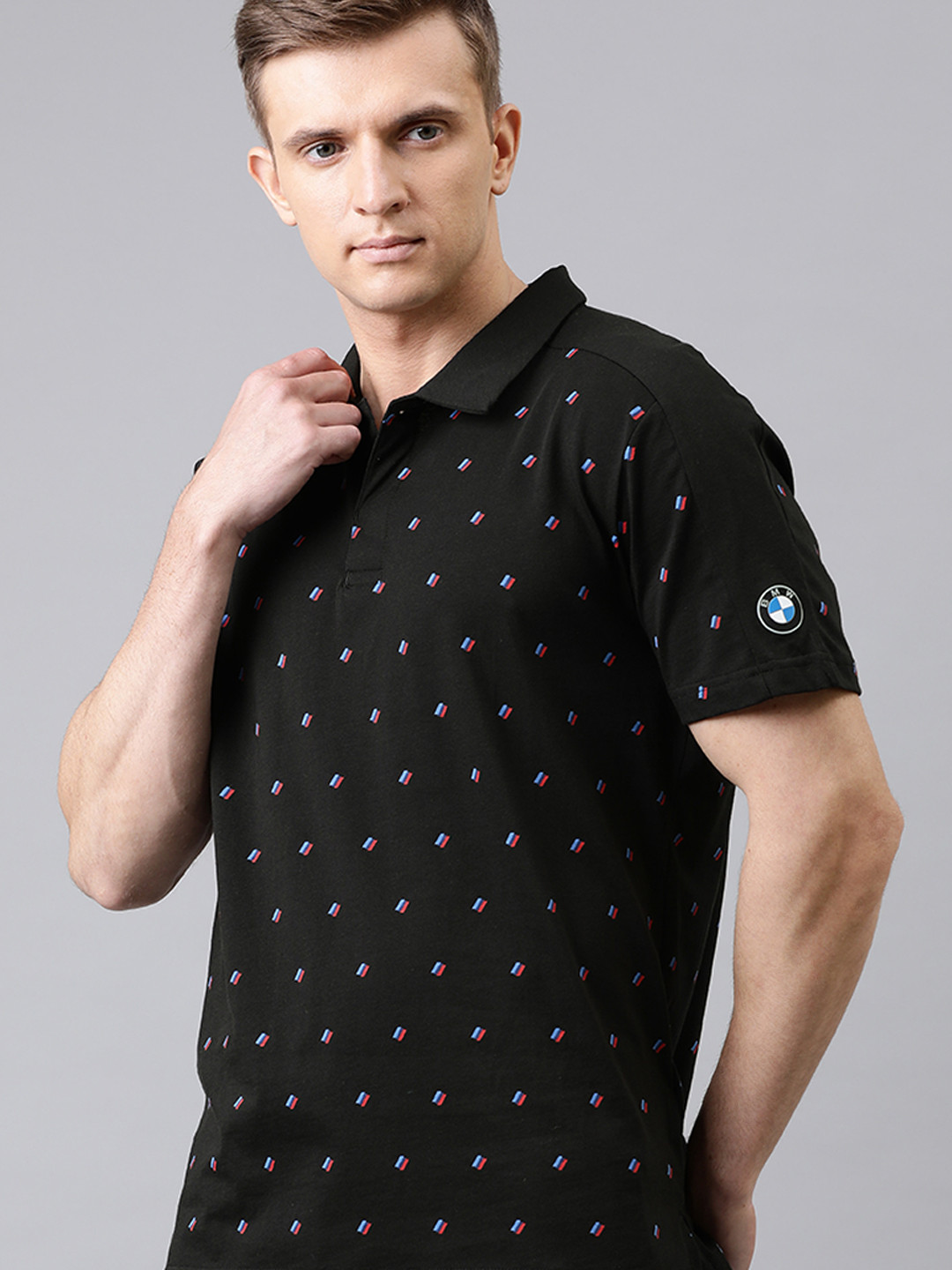 

PUMA Motorsport Men Black Blue BMW MMS AOP Printed Polo Collar Pure Cotton Motorsport T-shirt