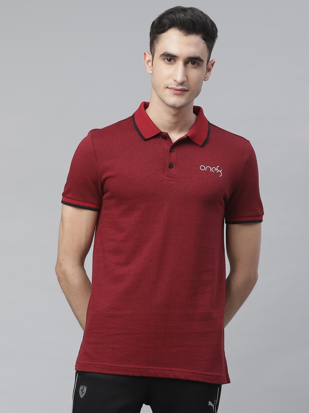 

one8 x PUMA Men Maroon Virat Kohli Ms Jacquard Polo Collar Self Design T-shirt