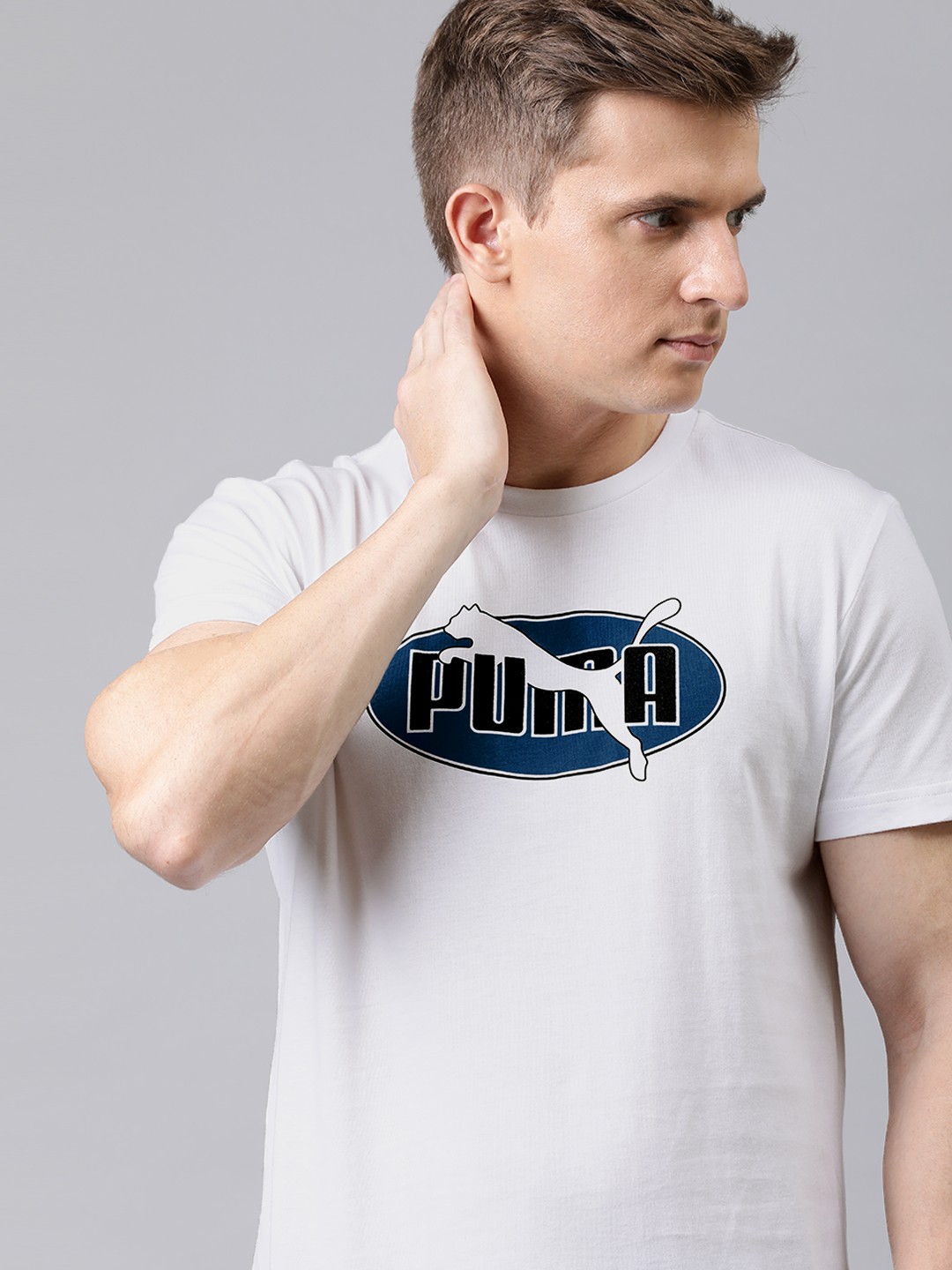 

Puma Men White Brand Logo Printed Round Neck Pure Cotton T-shirt