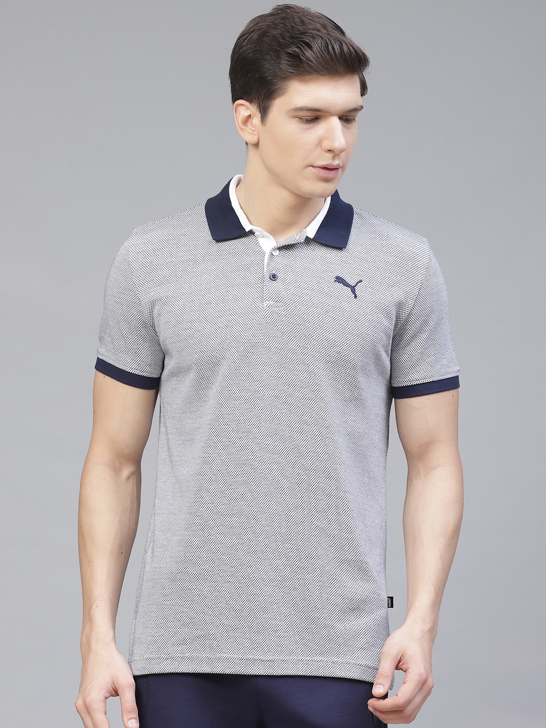 

Puma Men Navy White Slim Fits Dot Pattern Polo Pure Cotton T-shirt, Navy blue