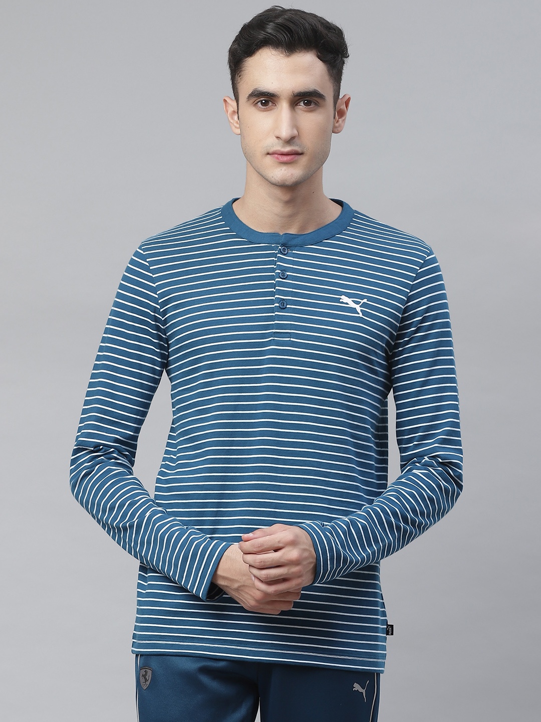 

Puma Men Teal Blue White Striped Henley Neck Pure Cotton T-shirt