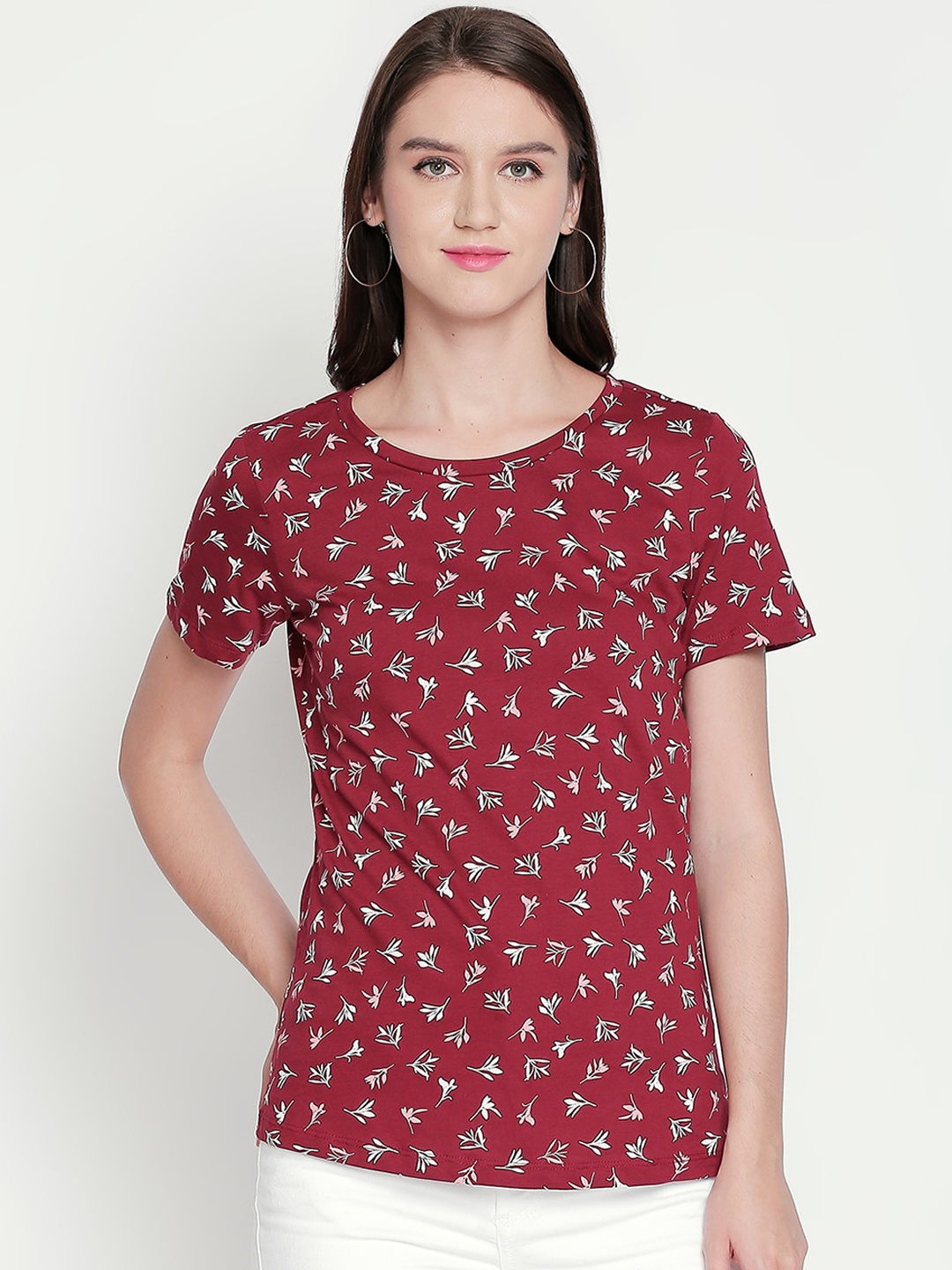 

Honey by Pantaloons Women Maroon Printed Round Neck Pure Cotton T-shirt