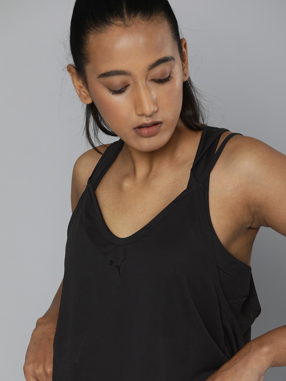 

Puma Black Solid Studio Strappy dryCELL Tank Yoga Top