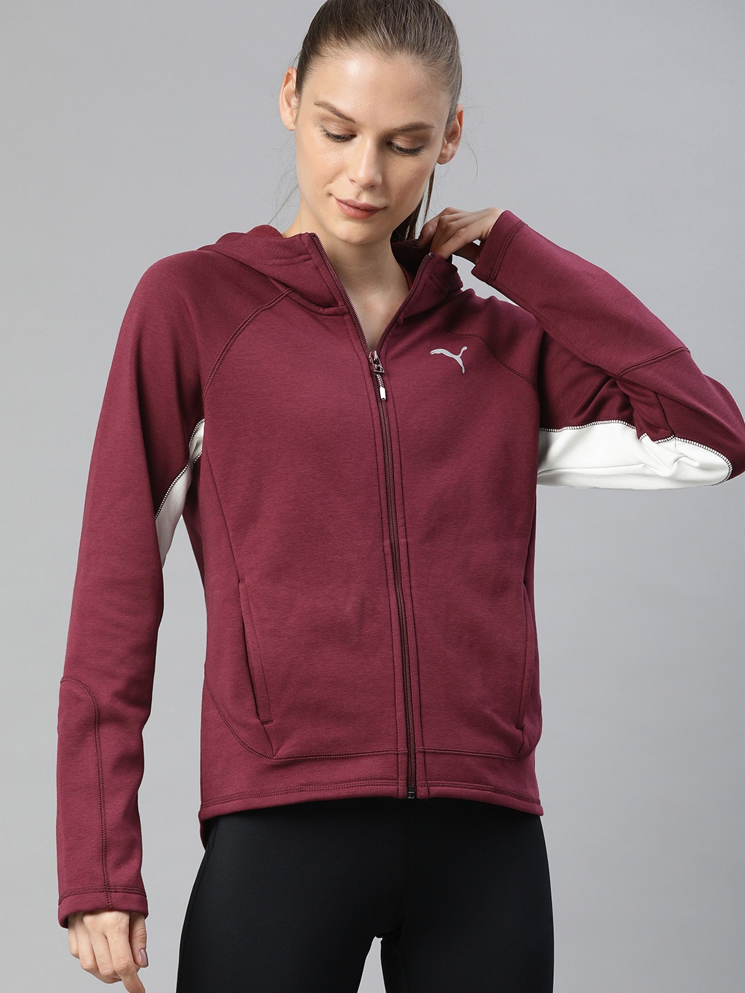 

Puma Women Burgundy Solid Evostripe Open Front Jacket