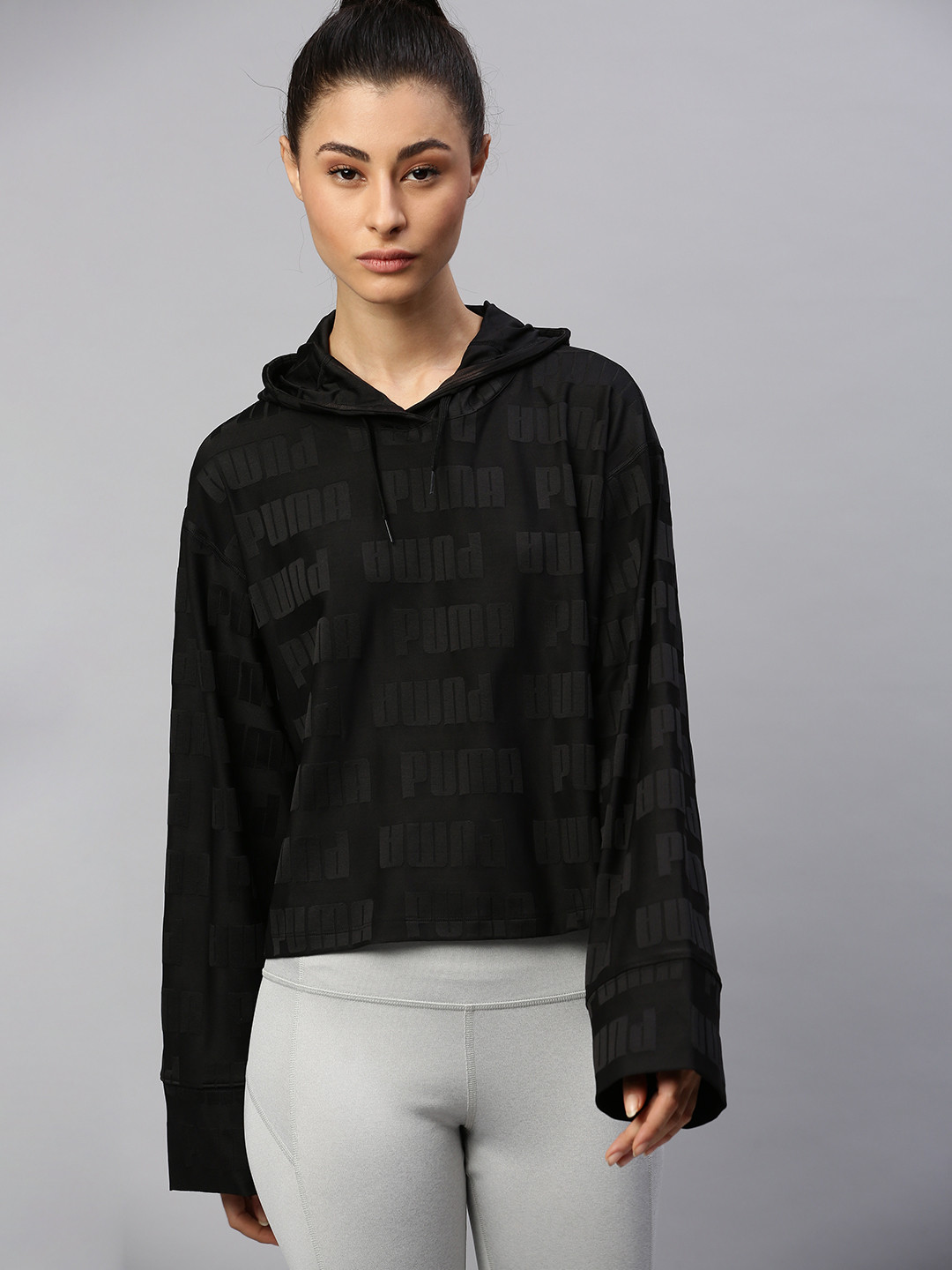 

Puma Women Black Brand Logo Printed Train First Mile Mono Hooded Pullover Sweatshirt