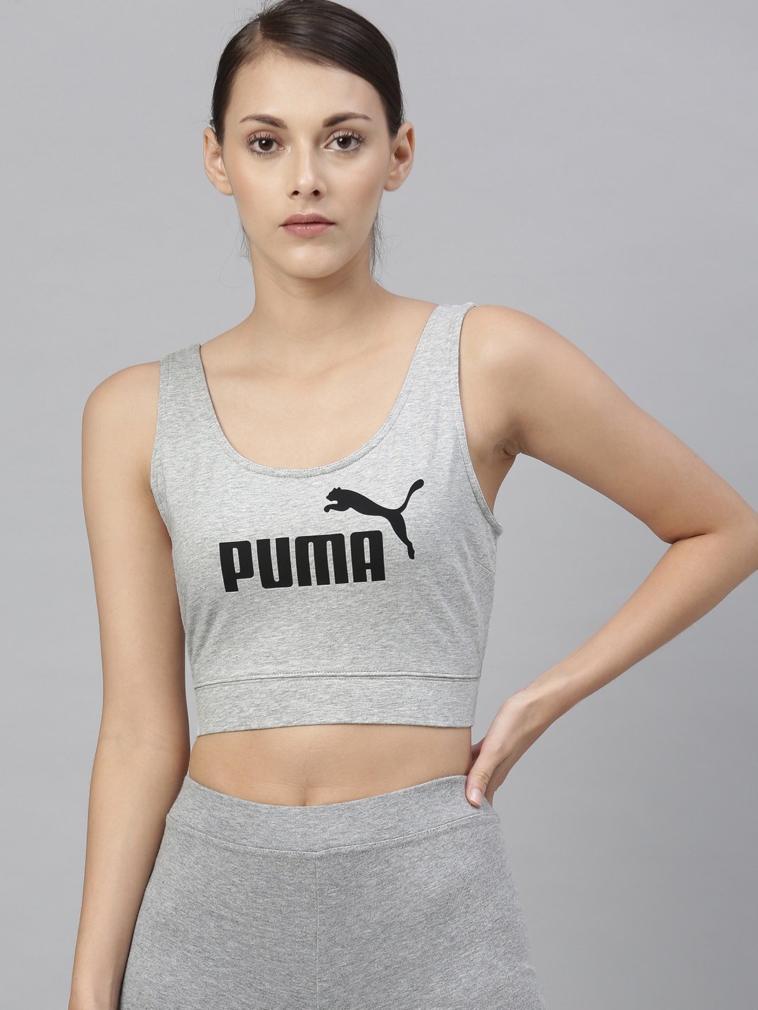 

Puma Women Grey Printed ESS Logo Crop Top