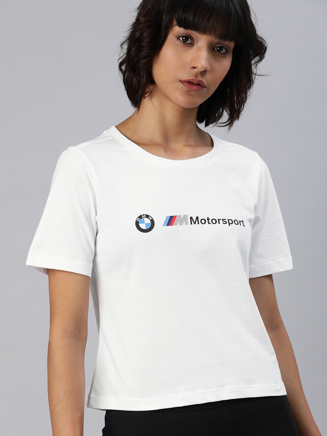 

PUMA Motorsport Women White Printed Round Neck BMW MMS Wmn Logo Pure Cotton T-shirt