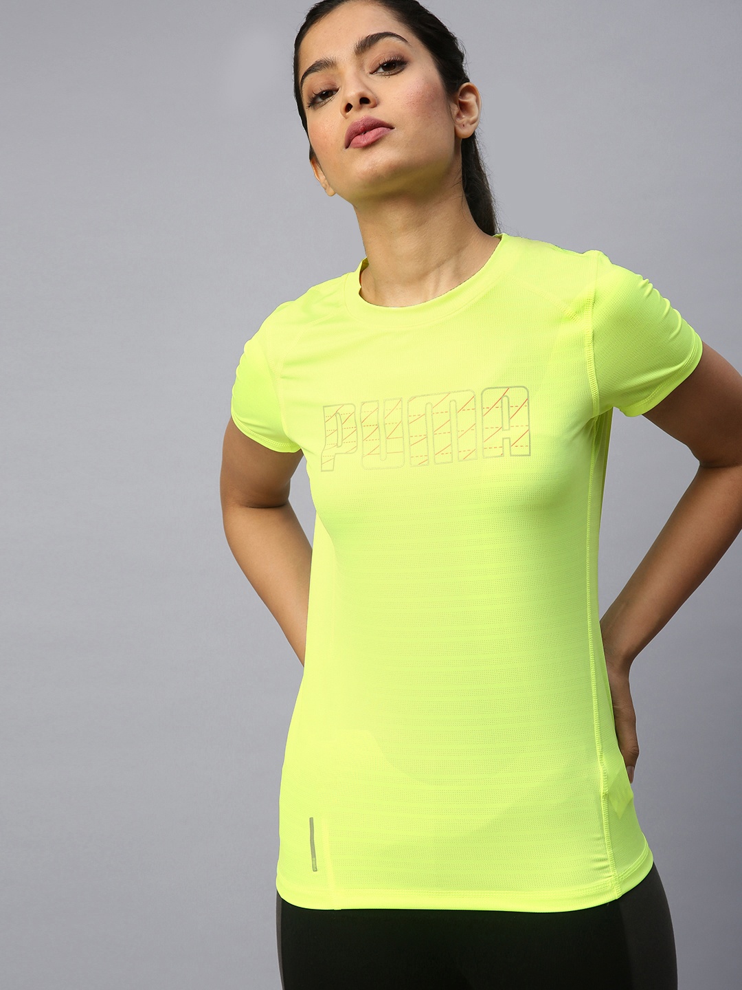

Puma Women Yellow Logo SS Printed Round Neck Running T-shirt