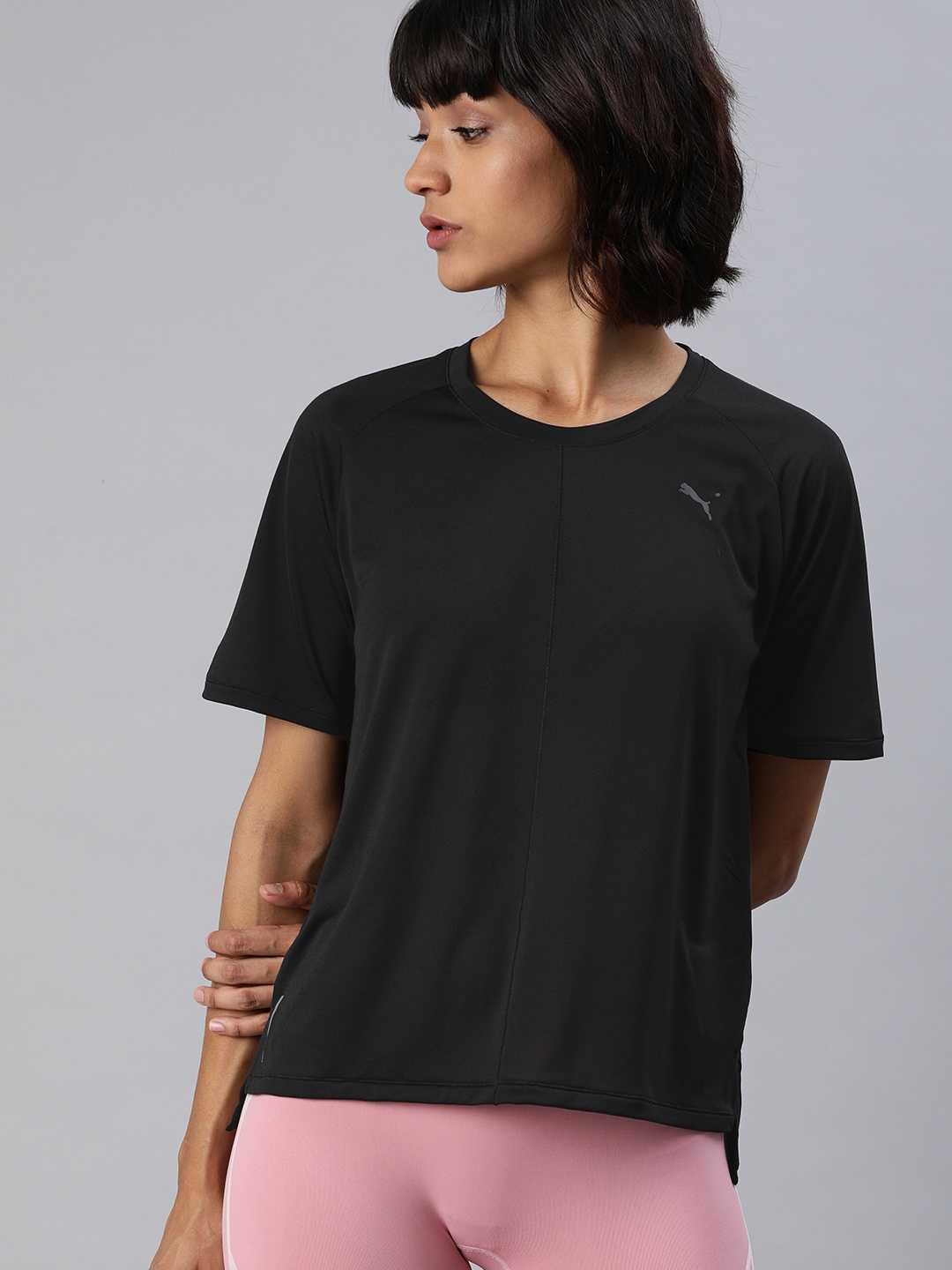 

Puma Women Black Solid Relaxed Fit DryCell Round Neck Yoga T-shirt