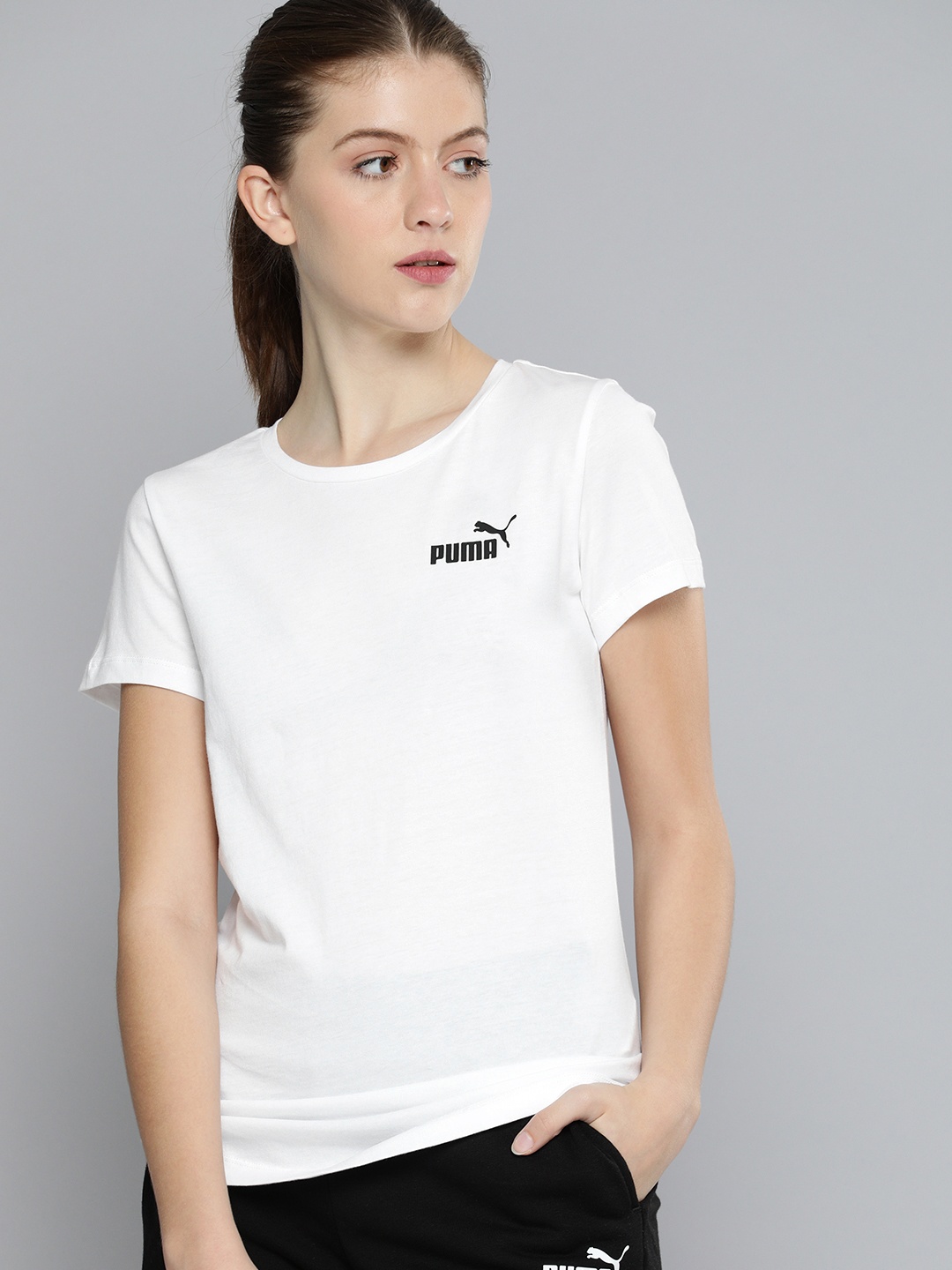 

Puma Women White Solid Cotton Round Neck ESS T-shirt
