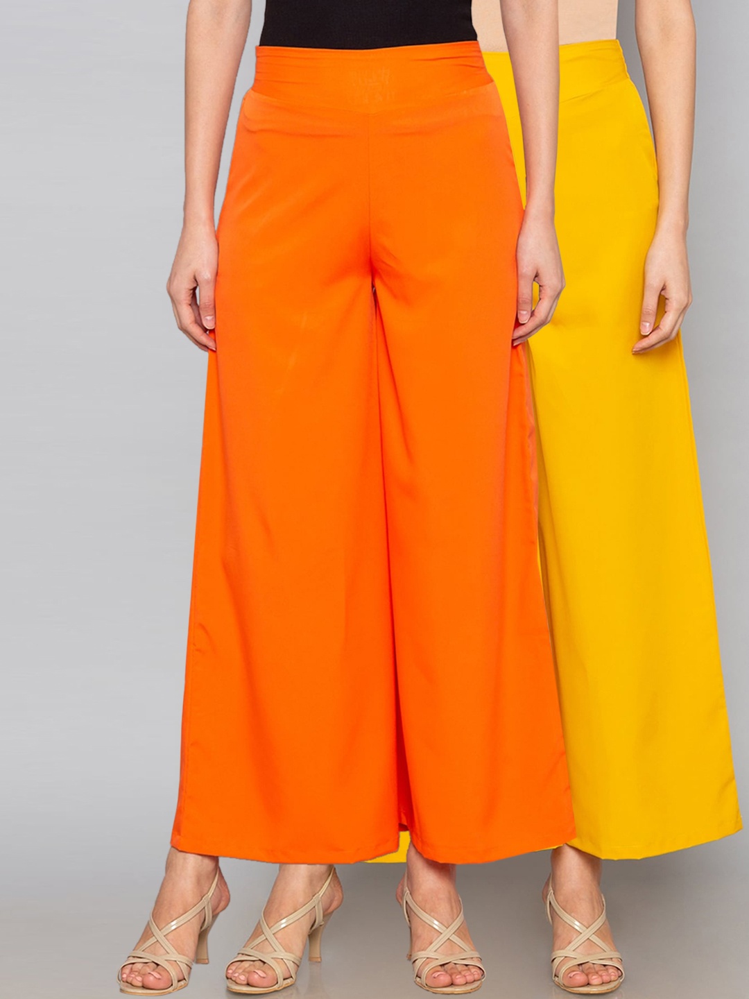 

Desi Weavess Women Pack Of 2 Orange & Yellow Solid Flared Palazzos