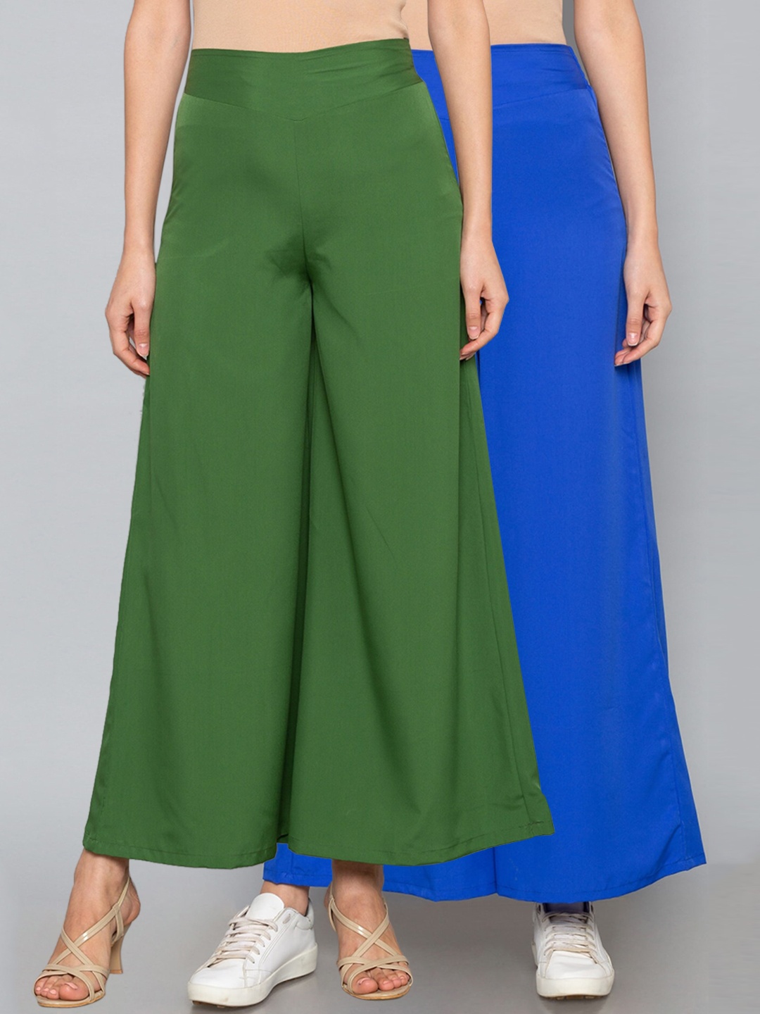 

Desi Weavess Women Pack Of 2 Green & Blue Solid Flared Palazzos