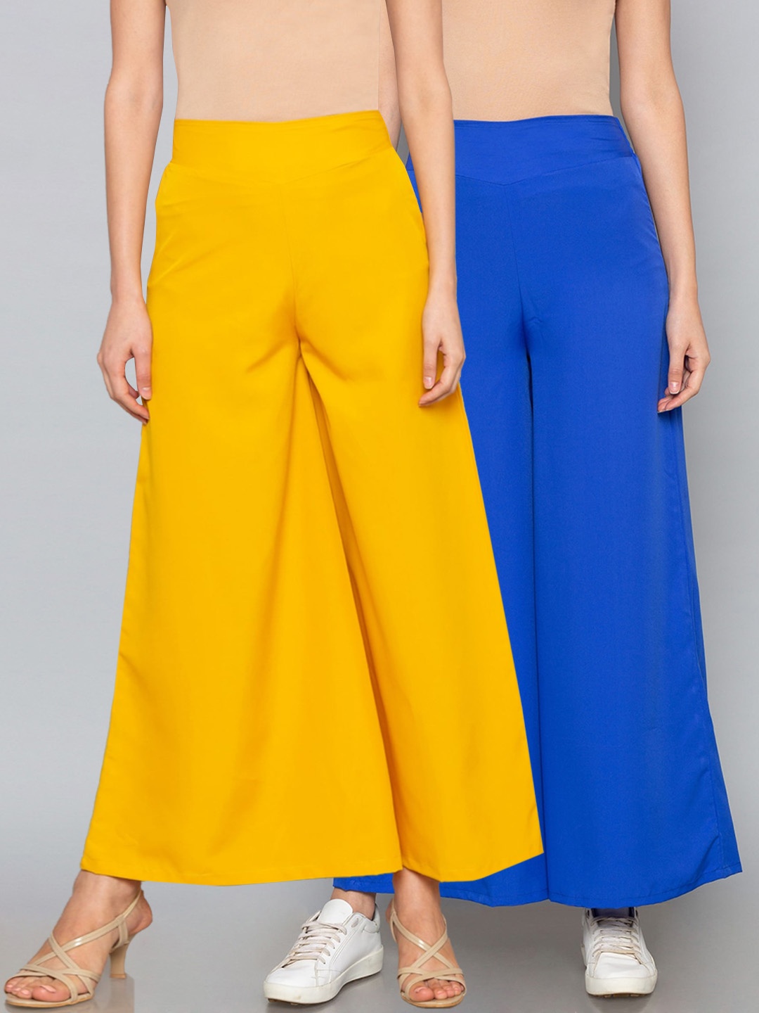 

Desi Weavess Women Pack Of 2 Blue & Yellow Solid Flared Palazzos