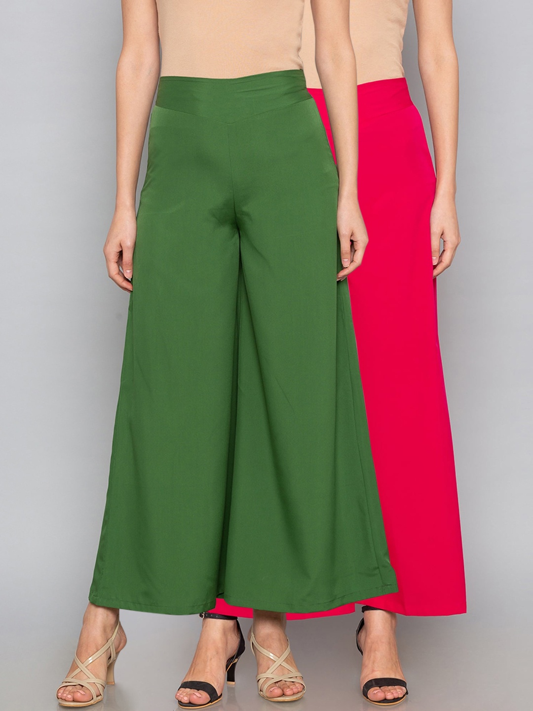 

Desi Weavess Women Green & Pink Pack of 2 Solid Wide Leg Palazzos