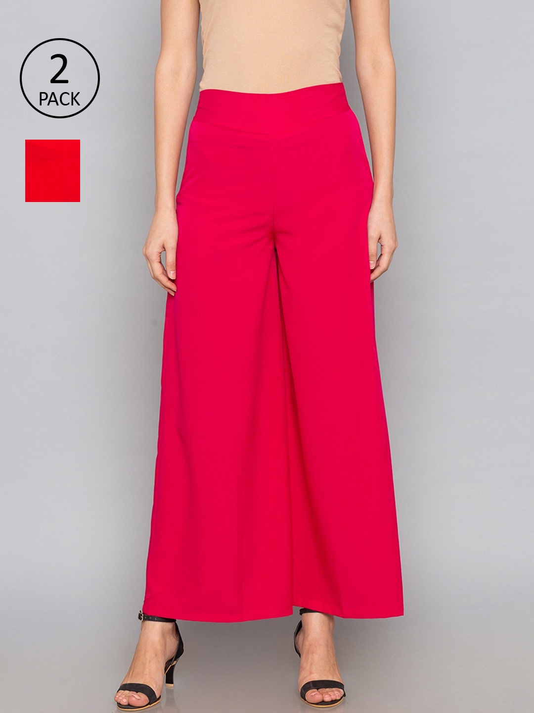 

Desi Weavess Women Pack Of 2 Solid Wide Leg Palazzos, Red