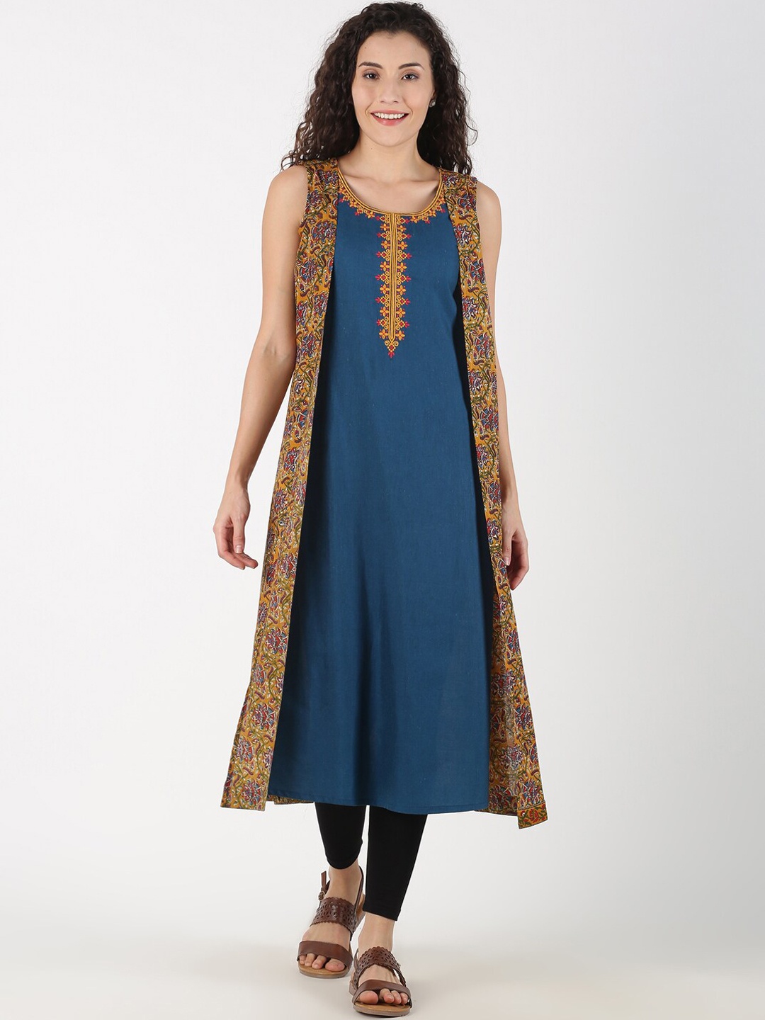 

Saffron Threads Women Blue & Mustard Yellow Solid A-Line Kurta With Kalamkari Mock Jacket