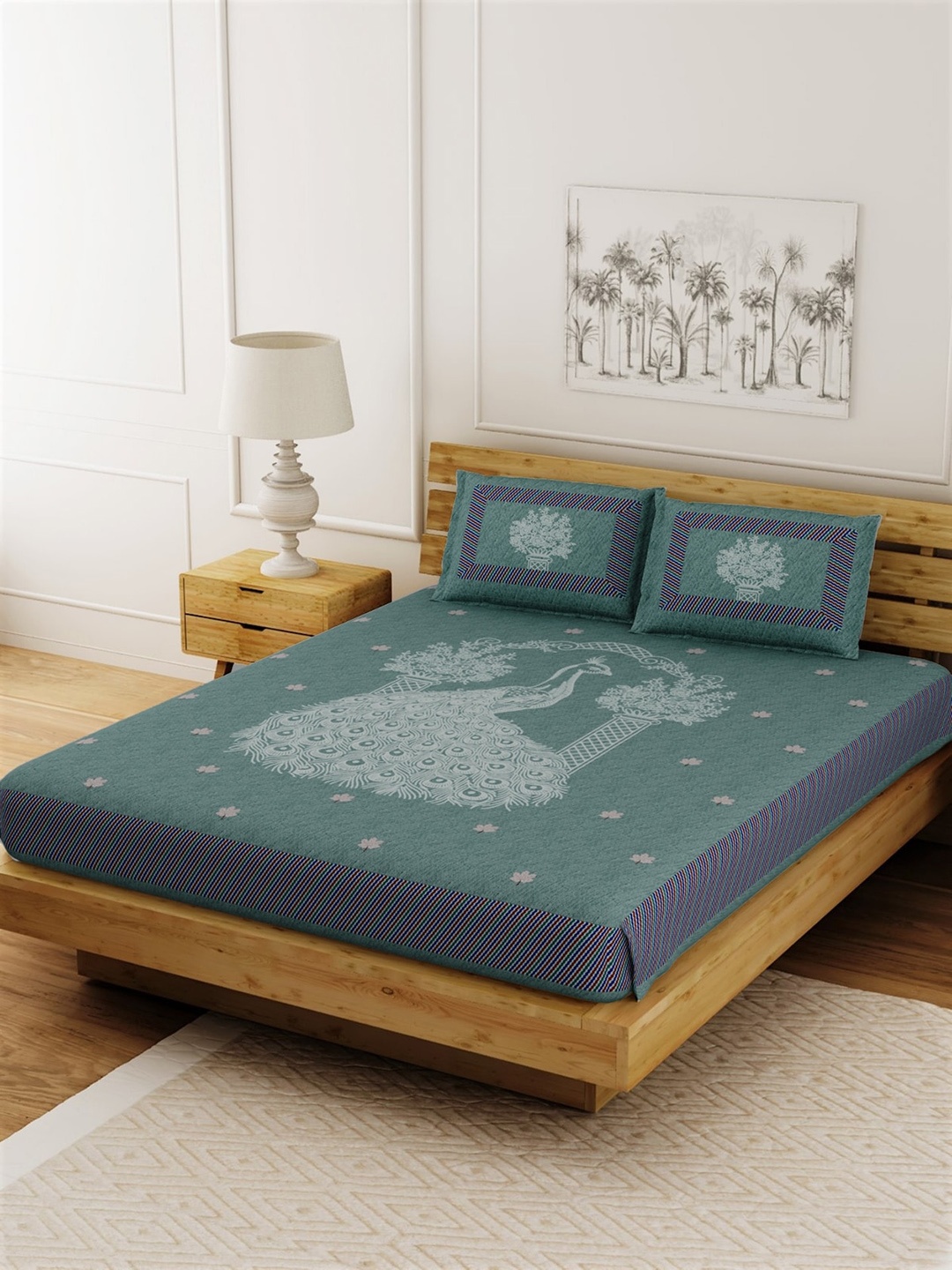 

LIVING ROOTS Teal Jaipuri Ethnic 144 TC Cotton 1 King Bedsheet & 2 Pillow Covers