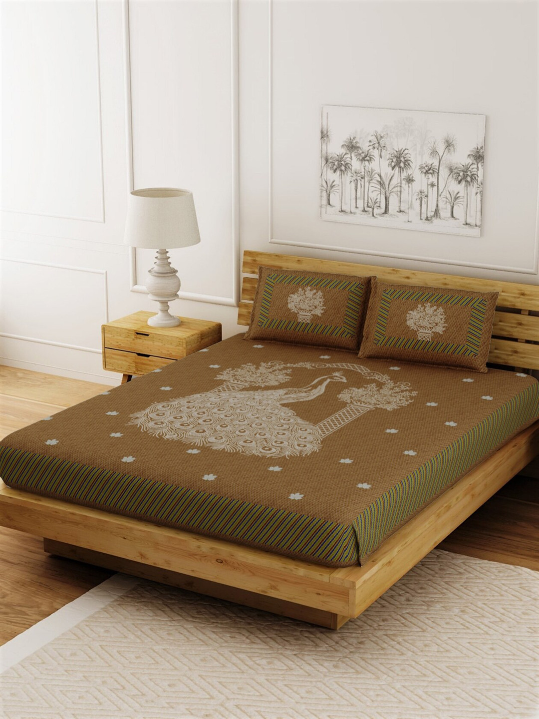 

LIVING ROOTS Brown & Olive Jaipuri Ethnic 144 TC Cotton 1 King Bedsheet & 2 Pillow Covers