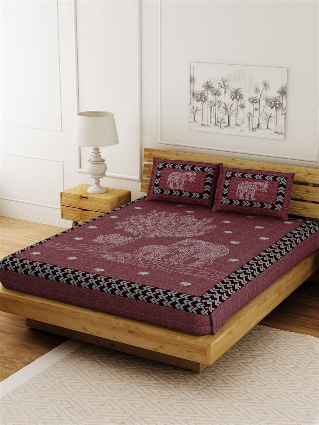 

LIVING ROOTS Maroon Jaipuri Ethnic 144 TC Cotton 1 King Bedsheet & 2 Pillow Covers