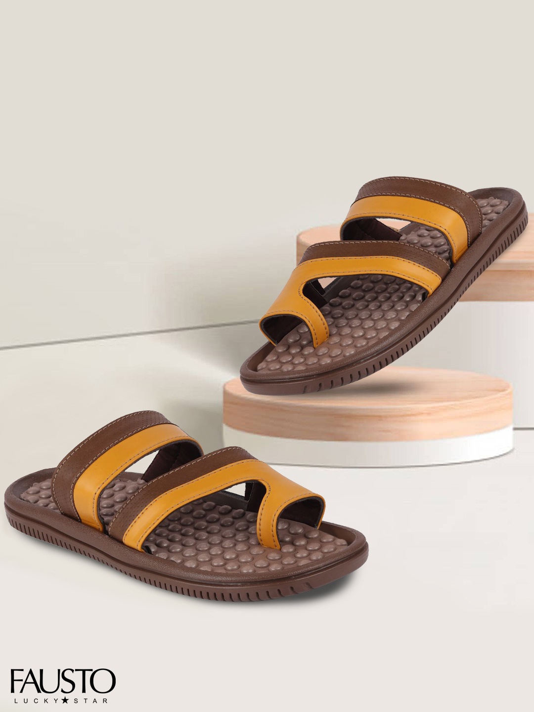 

FAUSTO Men Brown & Yellow Comfort Sandals
