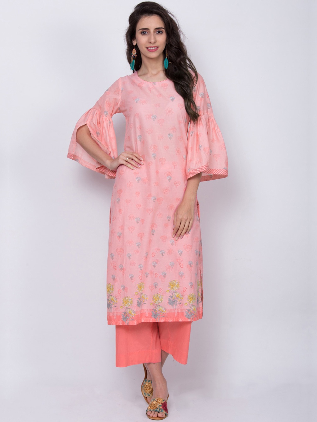 

Biba Women Pink & White Floral Print Straight Kurta