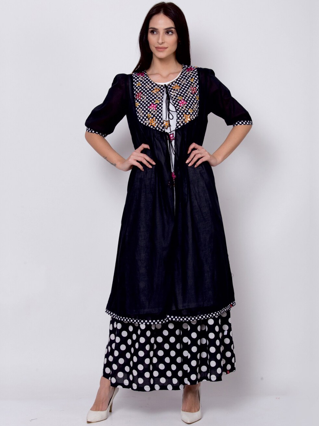 

Biba Women Black & White Embroidered A-Line Kurta With Jacket