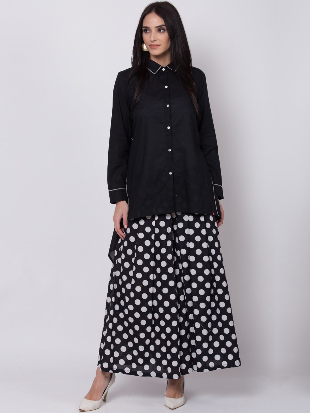 

Biba Women Black & White Solid A-Line Shirt Collar Kurta