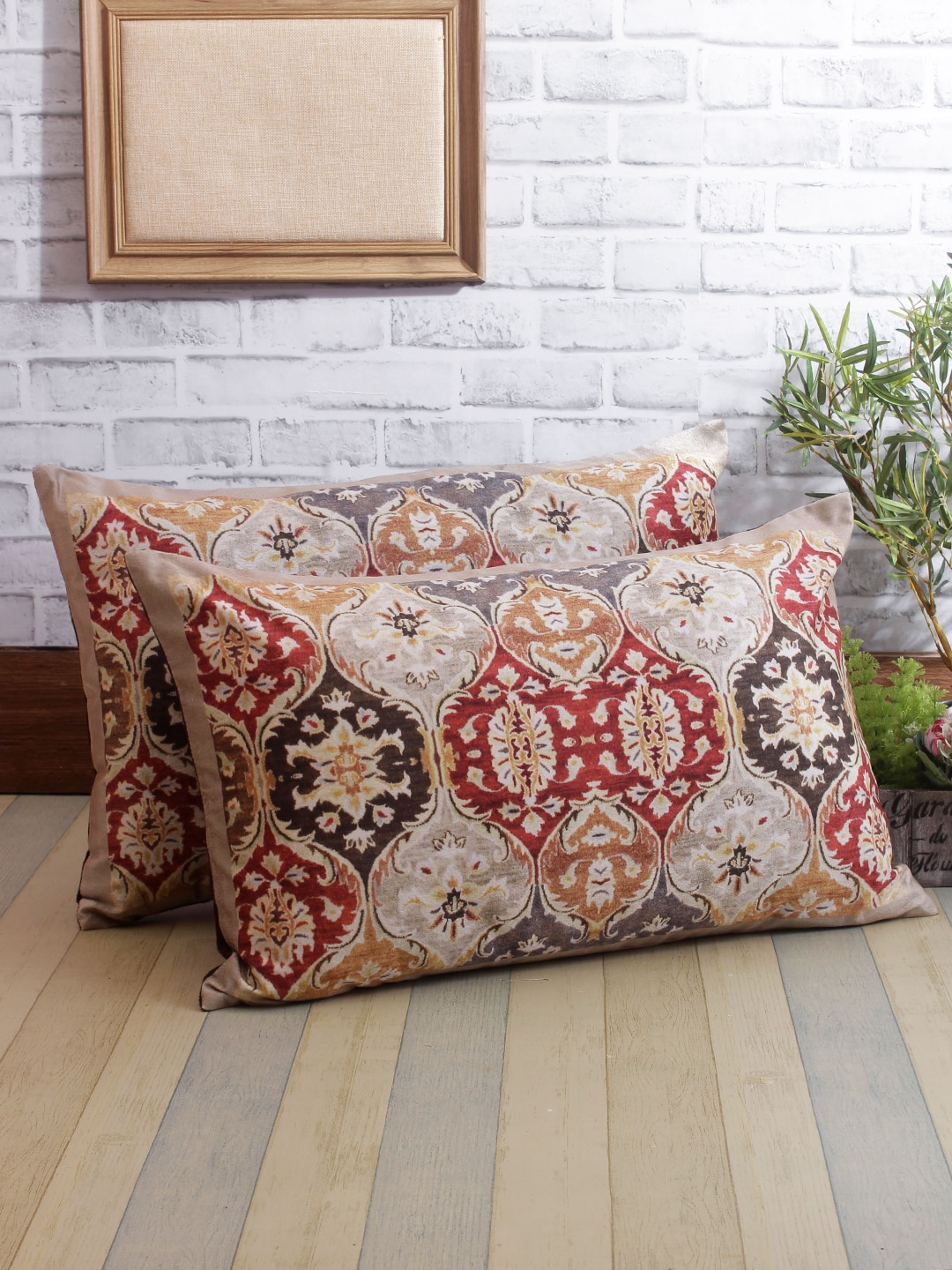 

ROMEE Set Of 2 Brown & Red Ethnic Motifs Print Pillow Covers