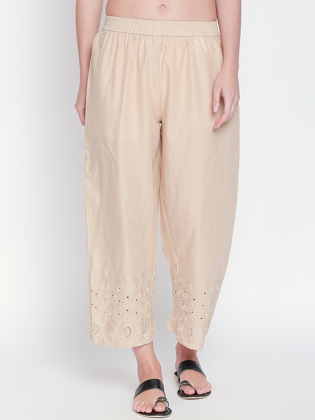 

RANGMANCH BY PANTALOONS Women Beige Embroidered Straight Palazzos