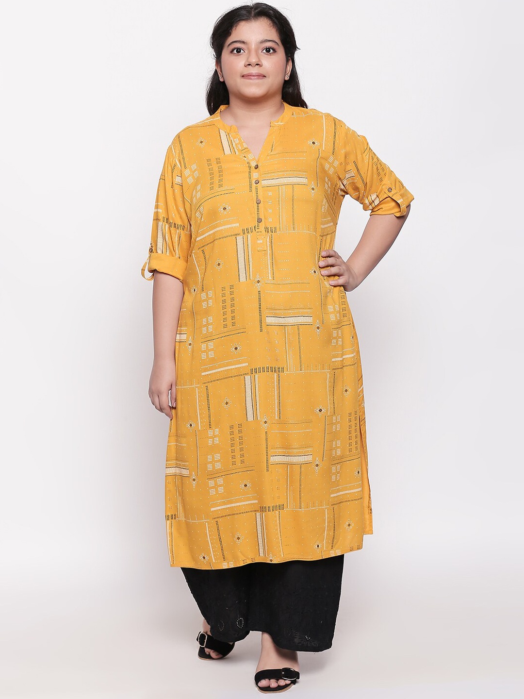 

RANGMANCH PLUS by Pantaloons Women Yellow & White Printed A-Line Kurta